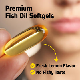 Vue de côté de la bouteille d'huile de poisson Omega 3 Herbtonics