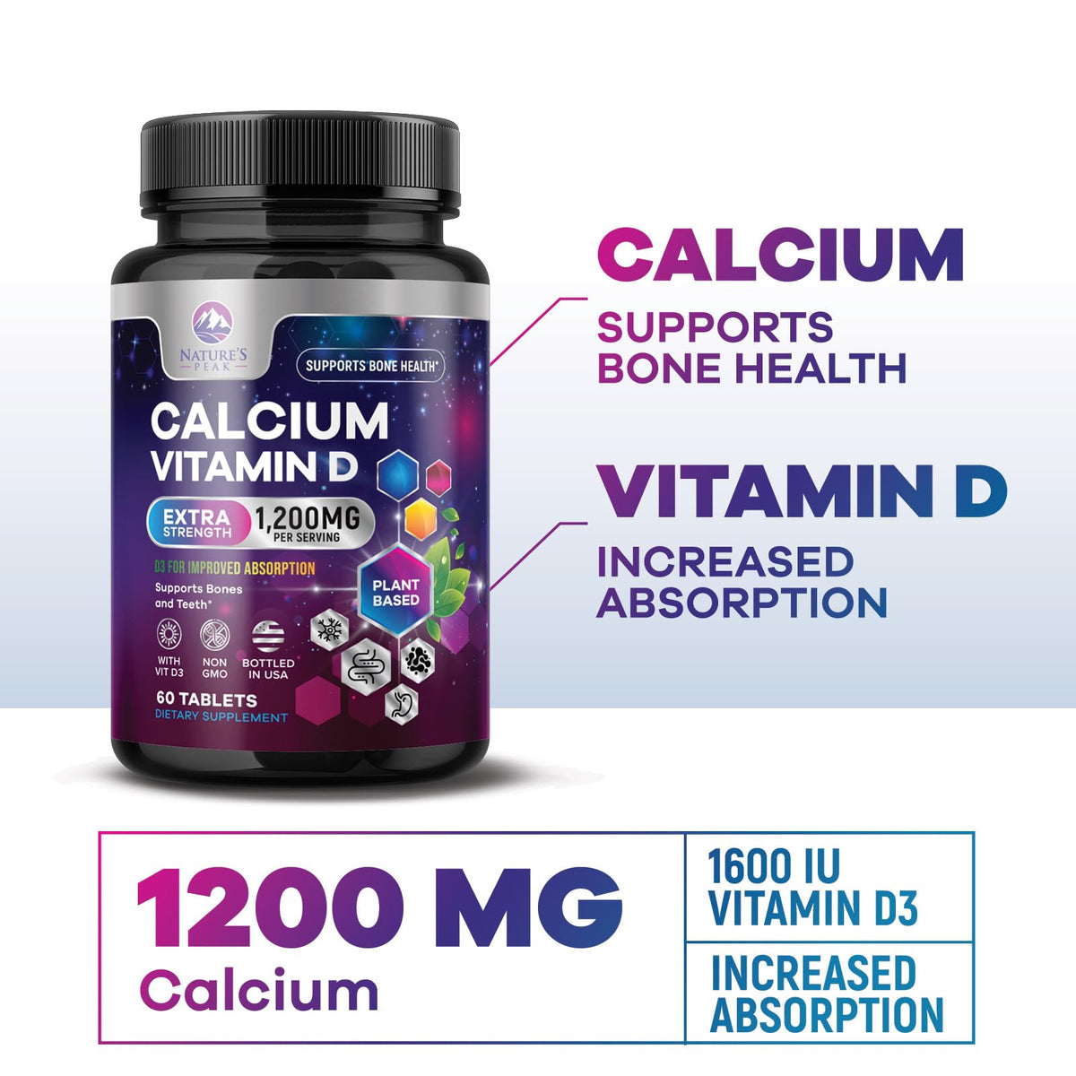 Vue de côté de la bouteille de Calcium 1200 mg avec Vitamine D3