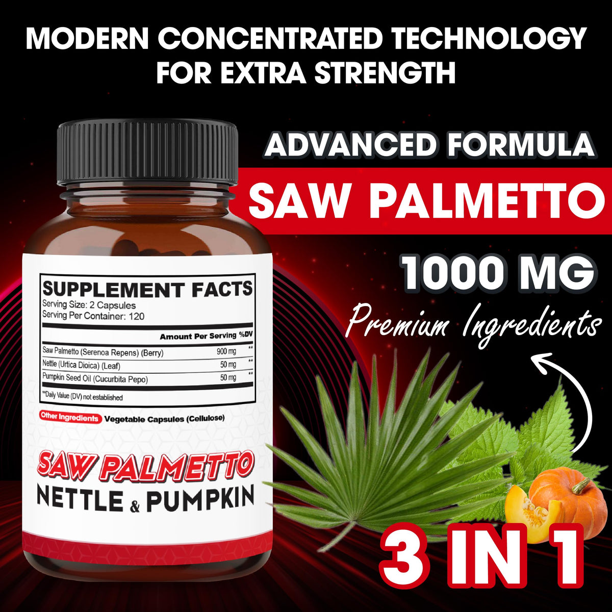 Vue de côté de la bouteille de capsules agobi Saw Palmetto