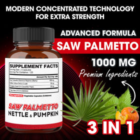Vue de côté de la bouteille de capsules agobi Saw Palmetto