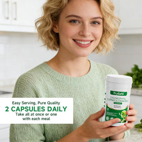 Vue de côté de la bouteille de capsules de chlorophylle TrySafe