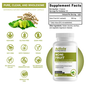 Vue de côté de la bouteille de capsules de noni Aclivia