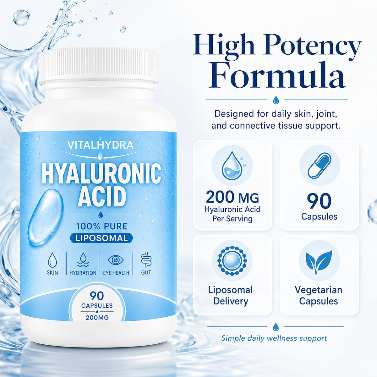 Vue de côté de la bouteille de capsules Vitalhydra