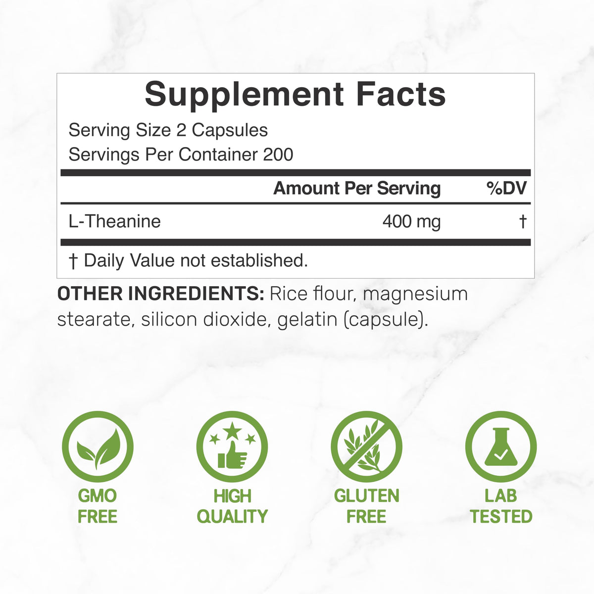 Vue de côté de la bouteille de L-Théanine 400mg, capsules