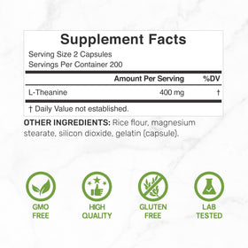 Vue de côté de la bouteille de L-Théanine 400mg, capsules