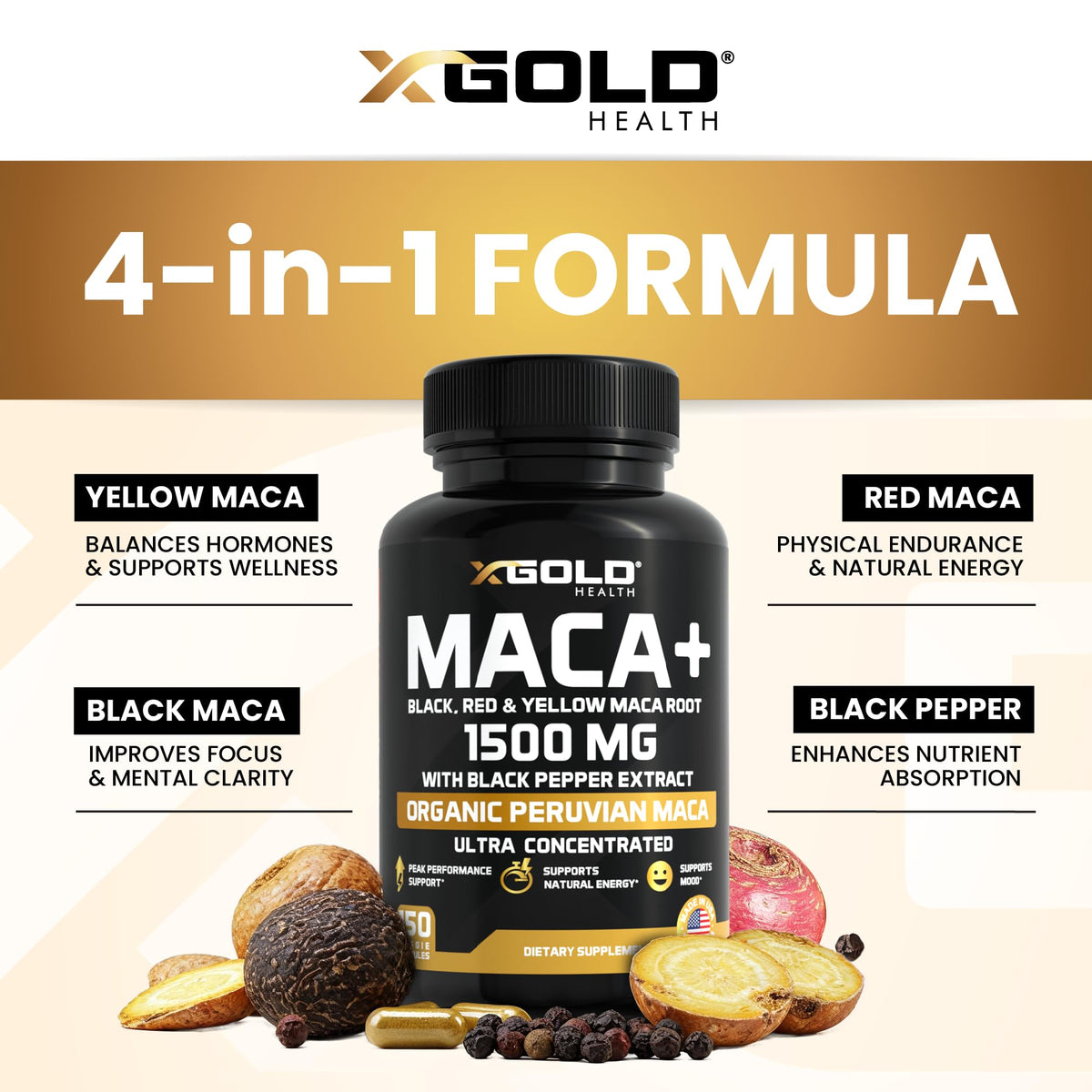 Vue de côté de la bouteille de Maca Bio 1500 mg de X Gold Health