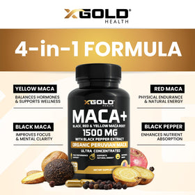 Vue de côté de la bouteille de Maca Bio 1500 mg de X Gold Health