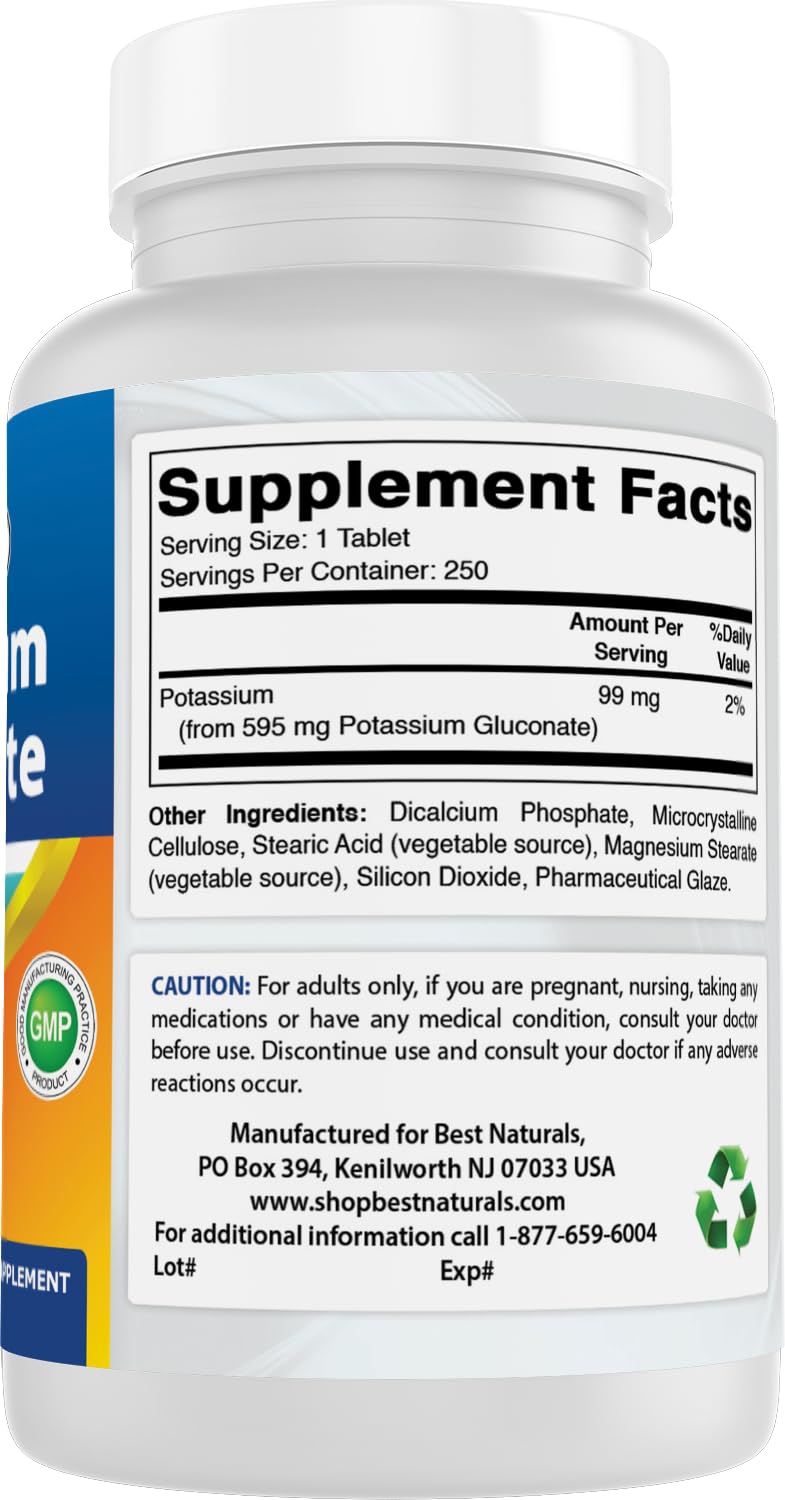 Vue de côté de la bouteille de potassium gluconate Best Naturals 250 comprimés