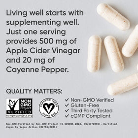 Vue de côté de la bouteille de Sports Research Vinaigre de Pomme 500mg + Piment de Cayenne