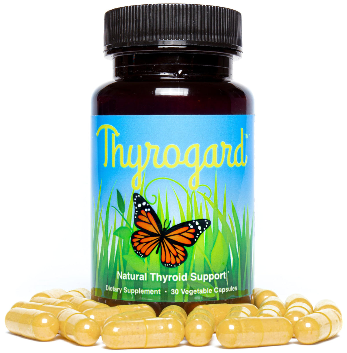 Vue de côté de la bouteille de Thyrogard avec capsules