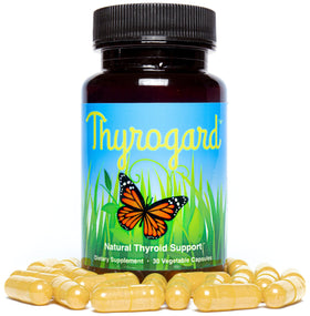 Vue de côté de la bouteille de Thyrogard avec capsules