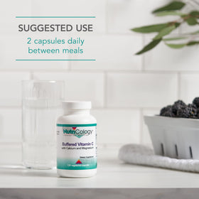 Vue de côté de la bouteille de Vitamine C Tamponnée Allergy Research Group