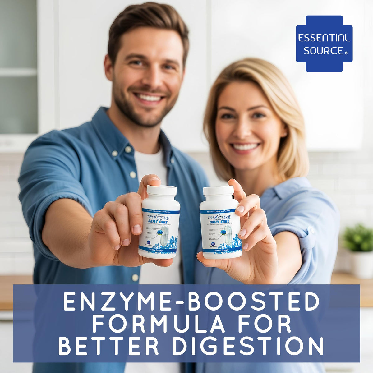 Vue de côté de la bouteille Essential Source TriActive Biotics