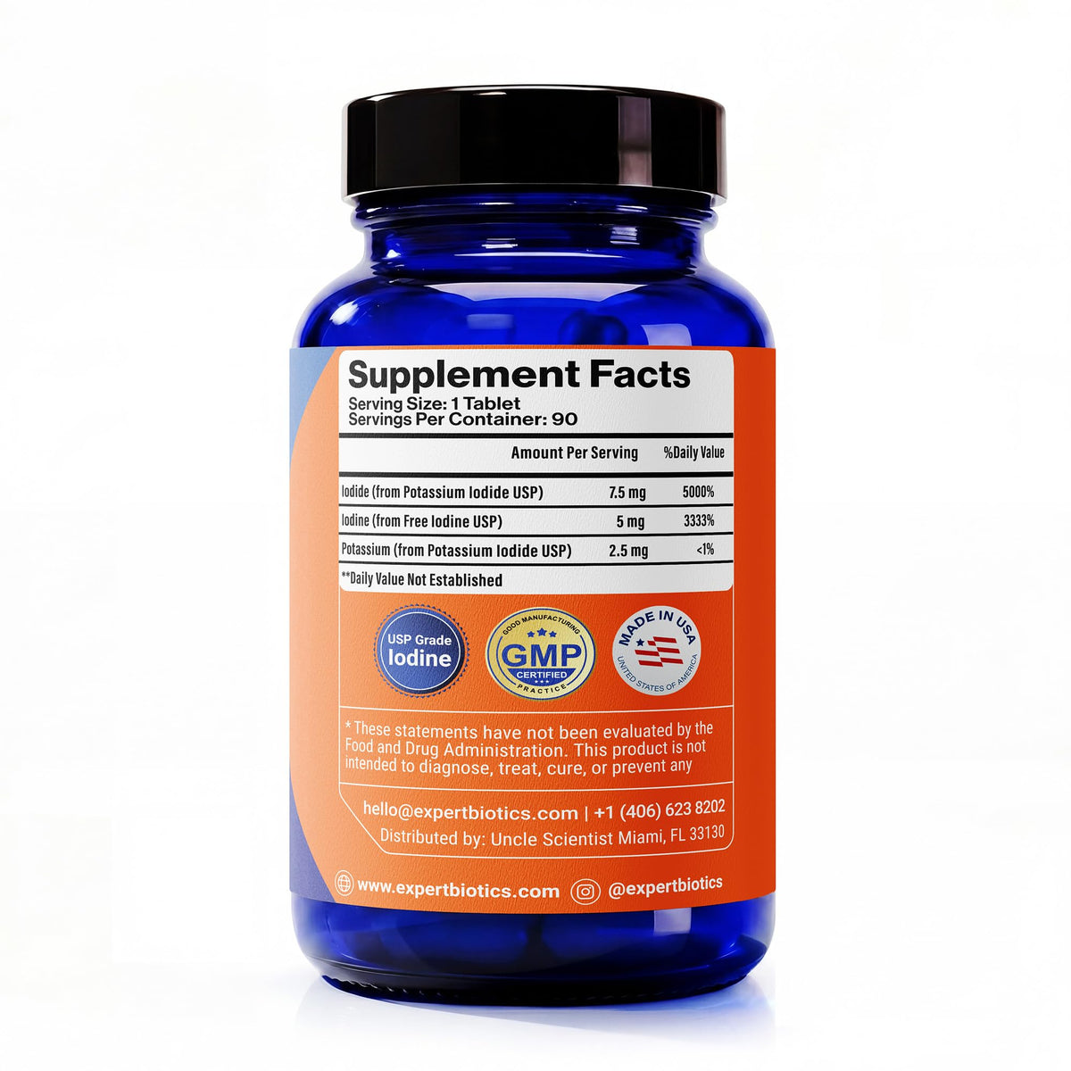 Vue de côté de la bouteille Expert Biotics Iodine+ 12,5 mg