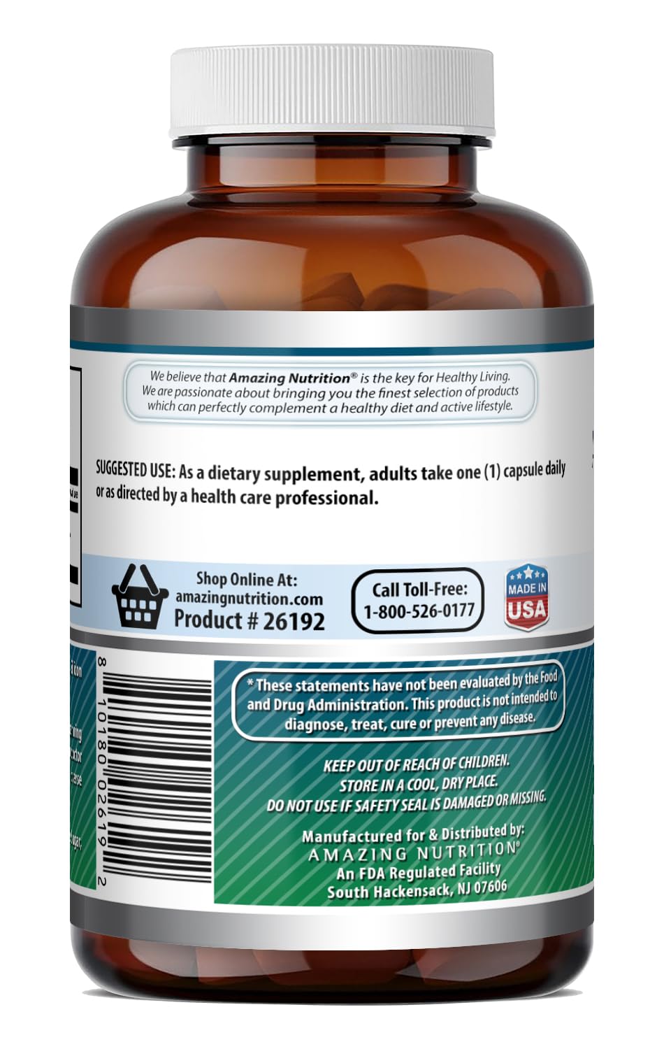 Vue de côté de la bouteille NAC 600mg Amazing Nutrition