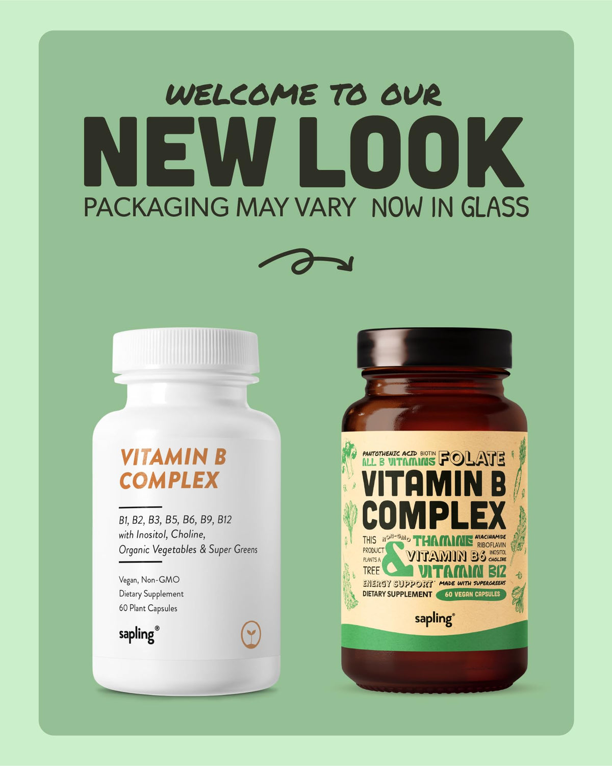 Vue de côté de la bouteille sapling de vitamine B Complex