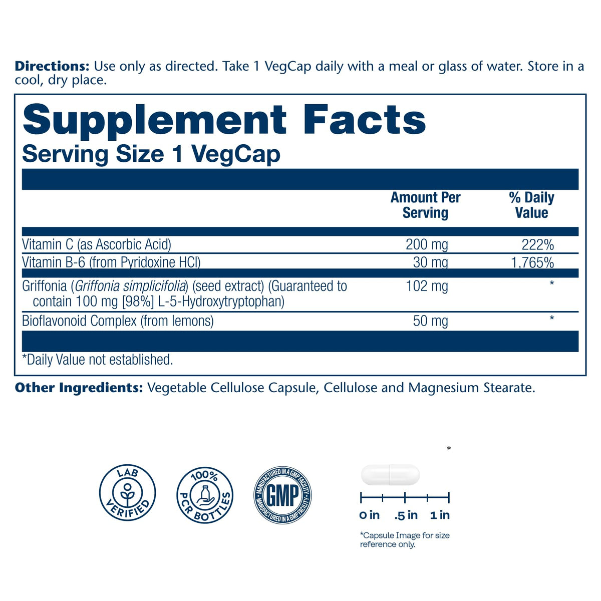 Vue de côté de la bouteille SOLARAY 5-HTP 100mg