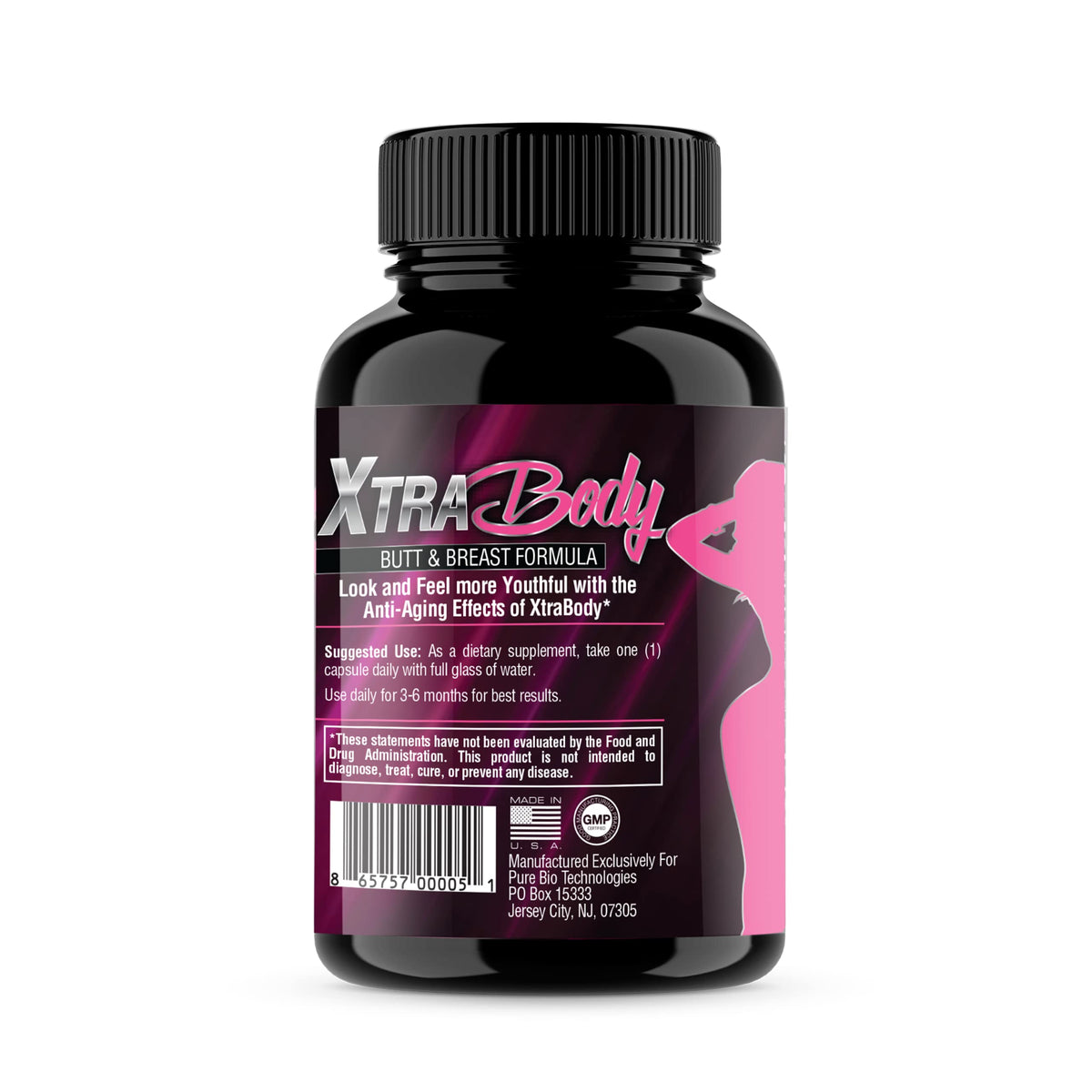 Vue de côté de la bouteille Xtra Body avec étiquette détaillée