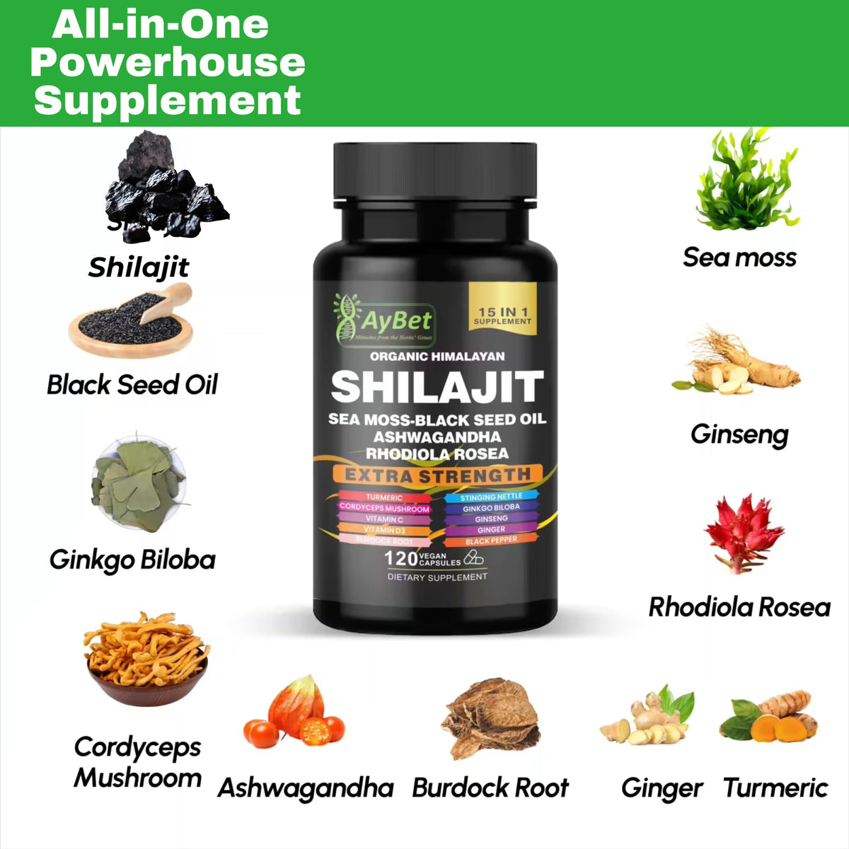 Vue de côté des capsules AyBet Shilajit dans le flacon