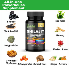Vue de côté des capsules AyBet Shilajit dans le flacon