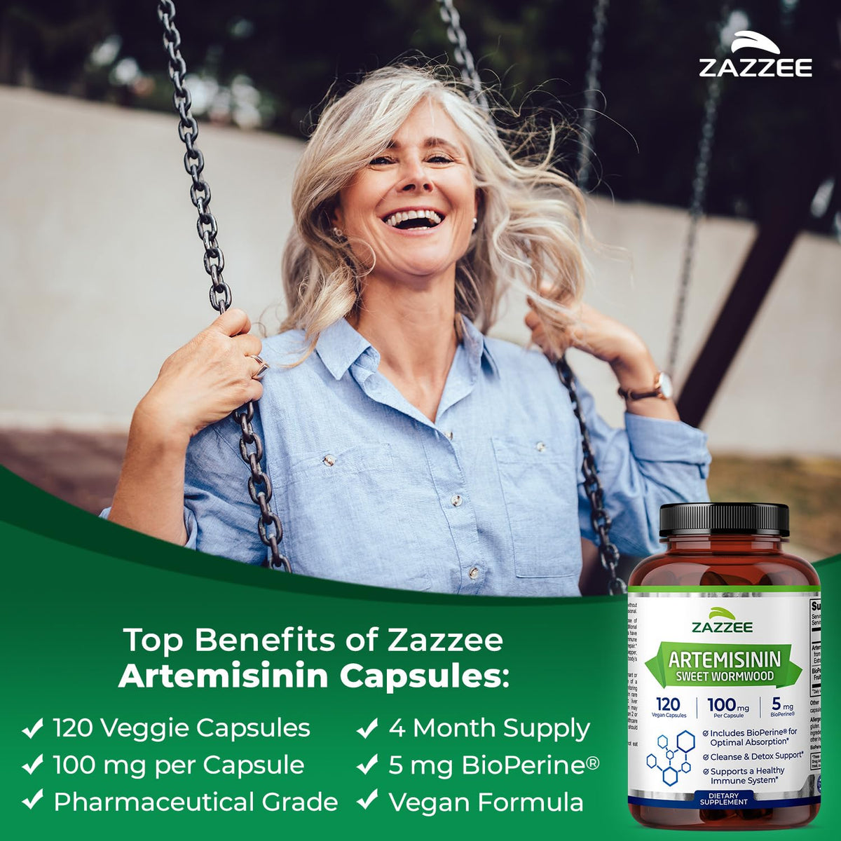 Vue de côté des capsules d'Artemisinin Zazzee avec BioPerine