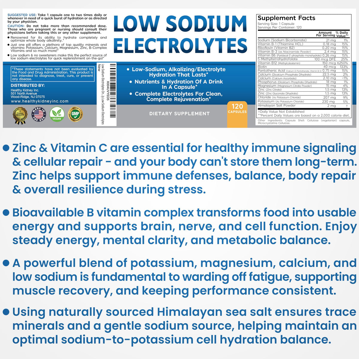Vue de côté des capsules d'électrolytes Kidney Restore