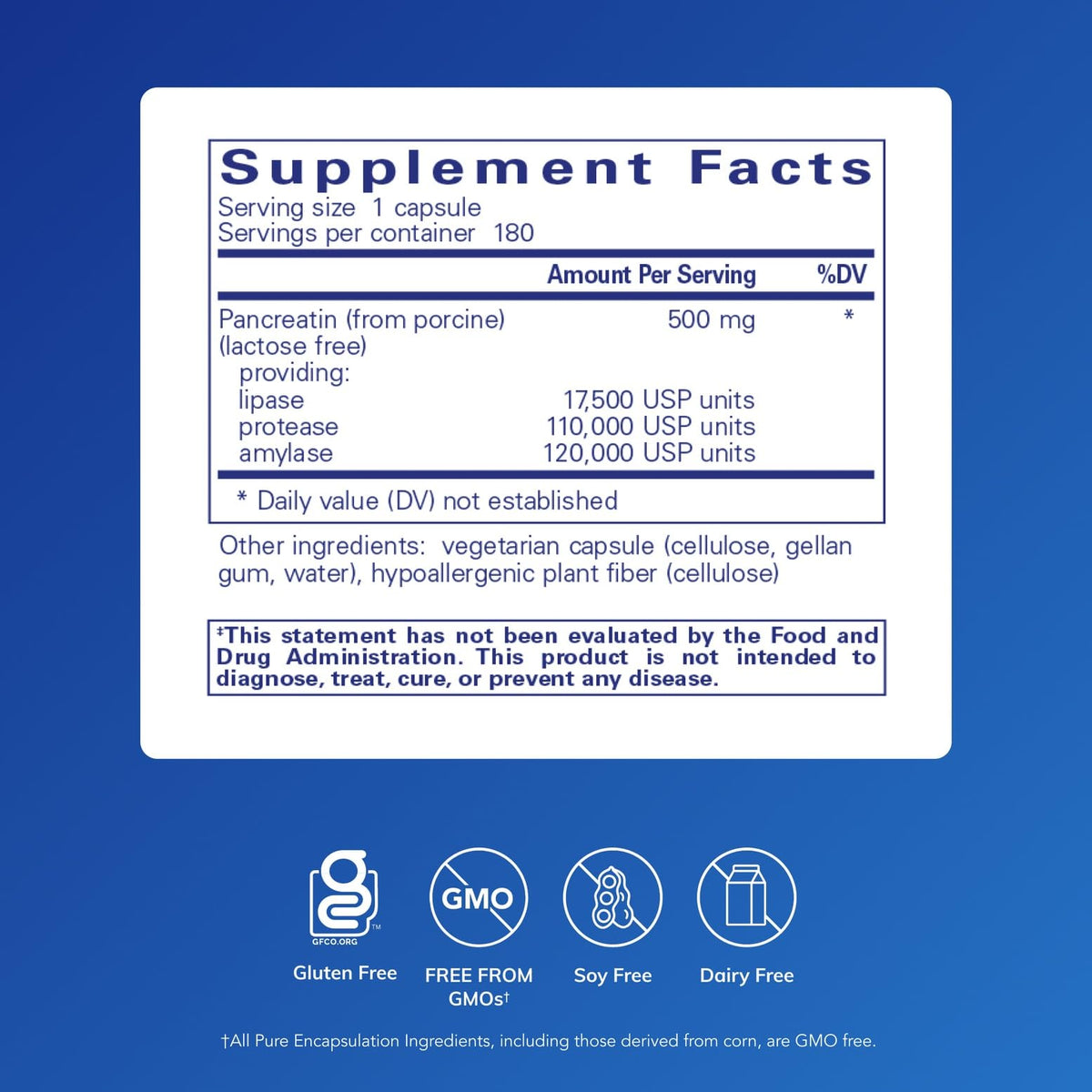 Vue de côté des capsules d'enzymes pancréatiques Pure Encapsulations