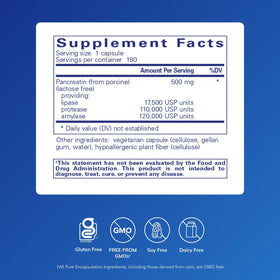 Vue de côté des capsules d'enzymes pancréatiques Pure Encapsulations