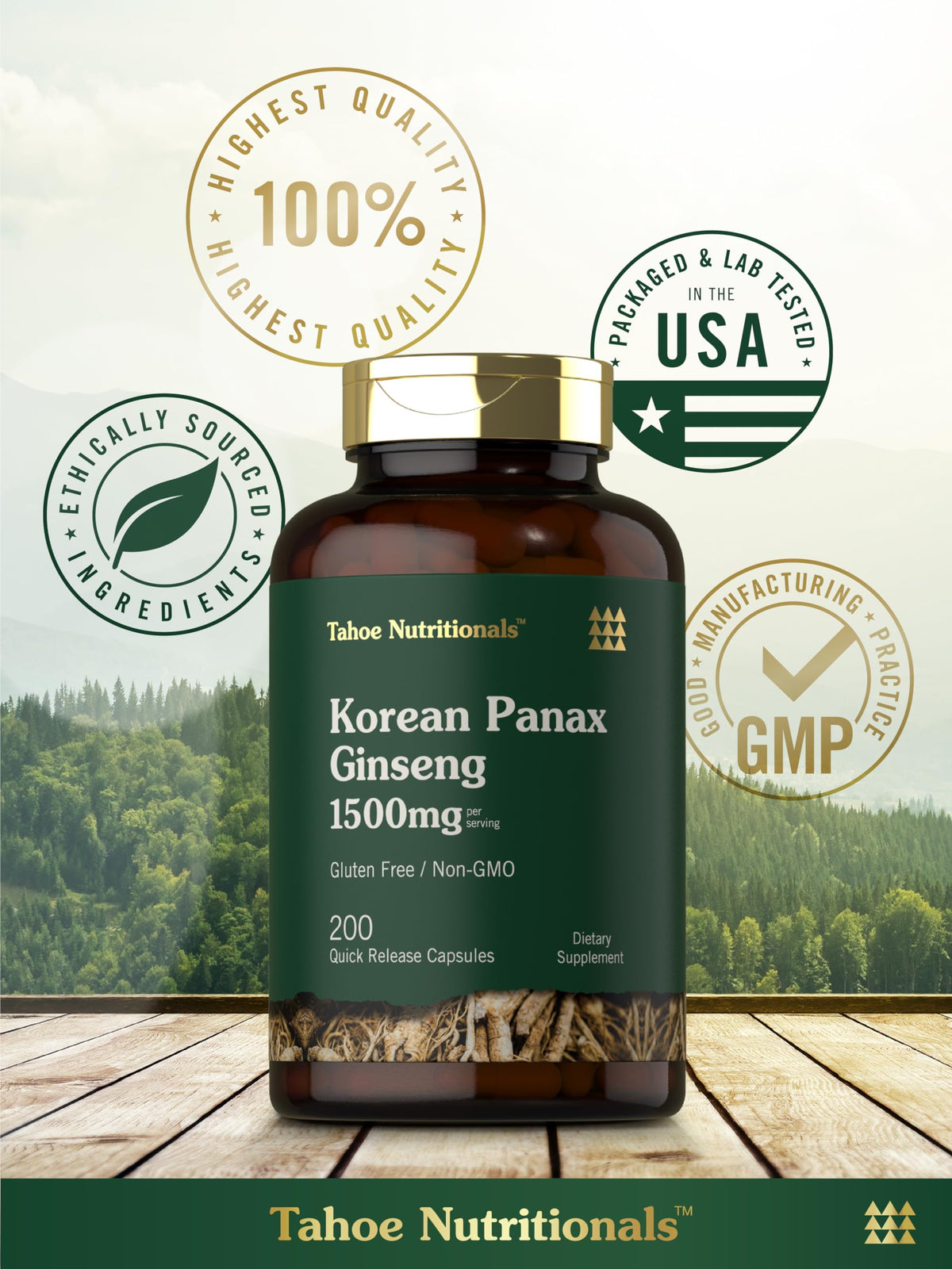 Vue de côté des capsules d'extrait de Ginseng Coréen Tahoe Nutritionals