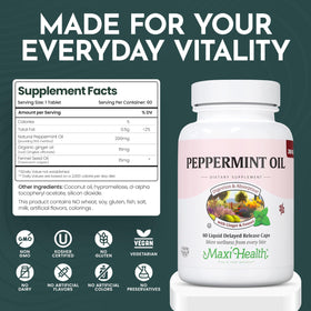 Vue de côté des capsules d'huile de menthe poivrée Maxi Health