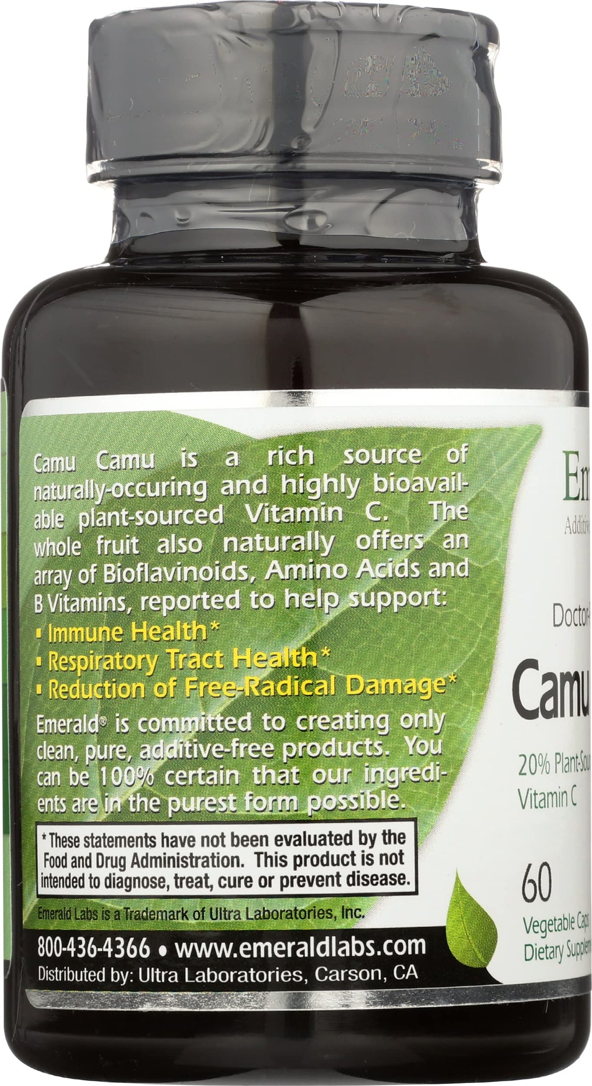 Vue de côté des capsules de Camu Camu d'Emerald Labs
