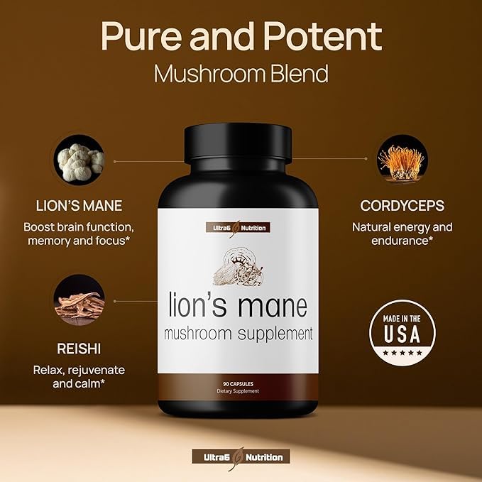 Vue de côté des capsules de champignon lion Ultra6 Nutrition