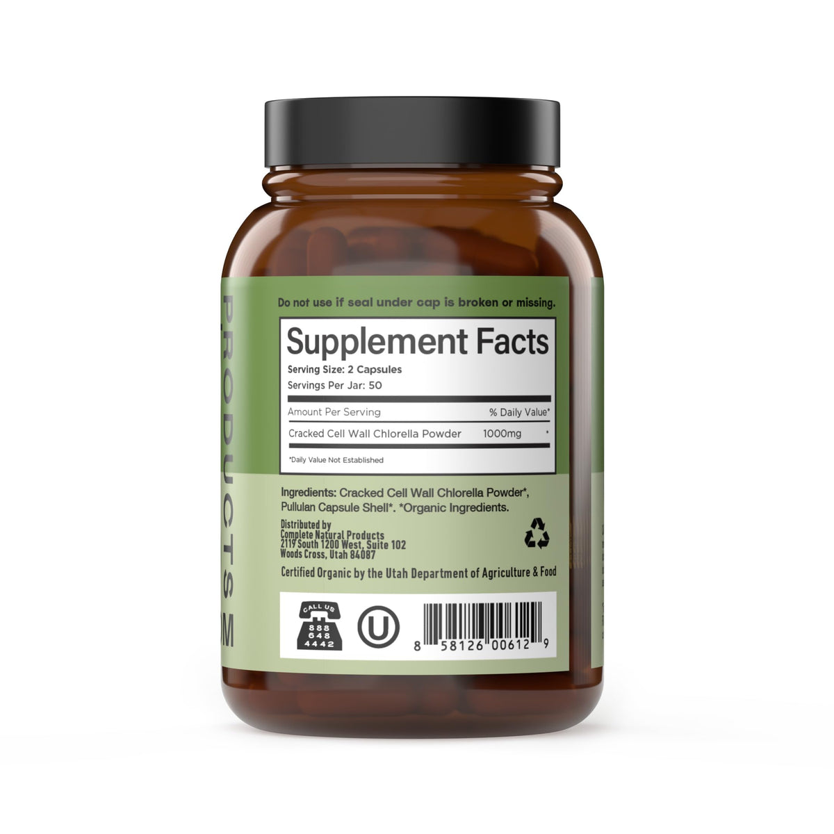 Vue de côté des capsules de chlorella bio Complete Natural Products