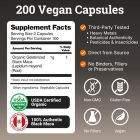 Vue de côté des capsules de gelée de racine de maca noire