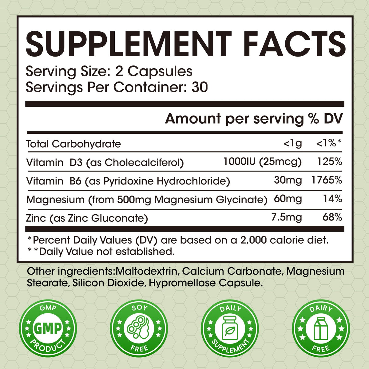 Vue de côté des capsules de glycinate de magnésium M inch
