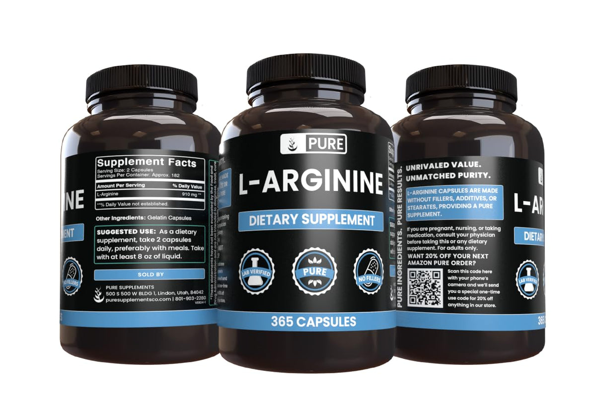 Vue de côté des capsules de L-Arginine PURE ORIGINAL INGREDIENTS