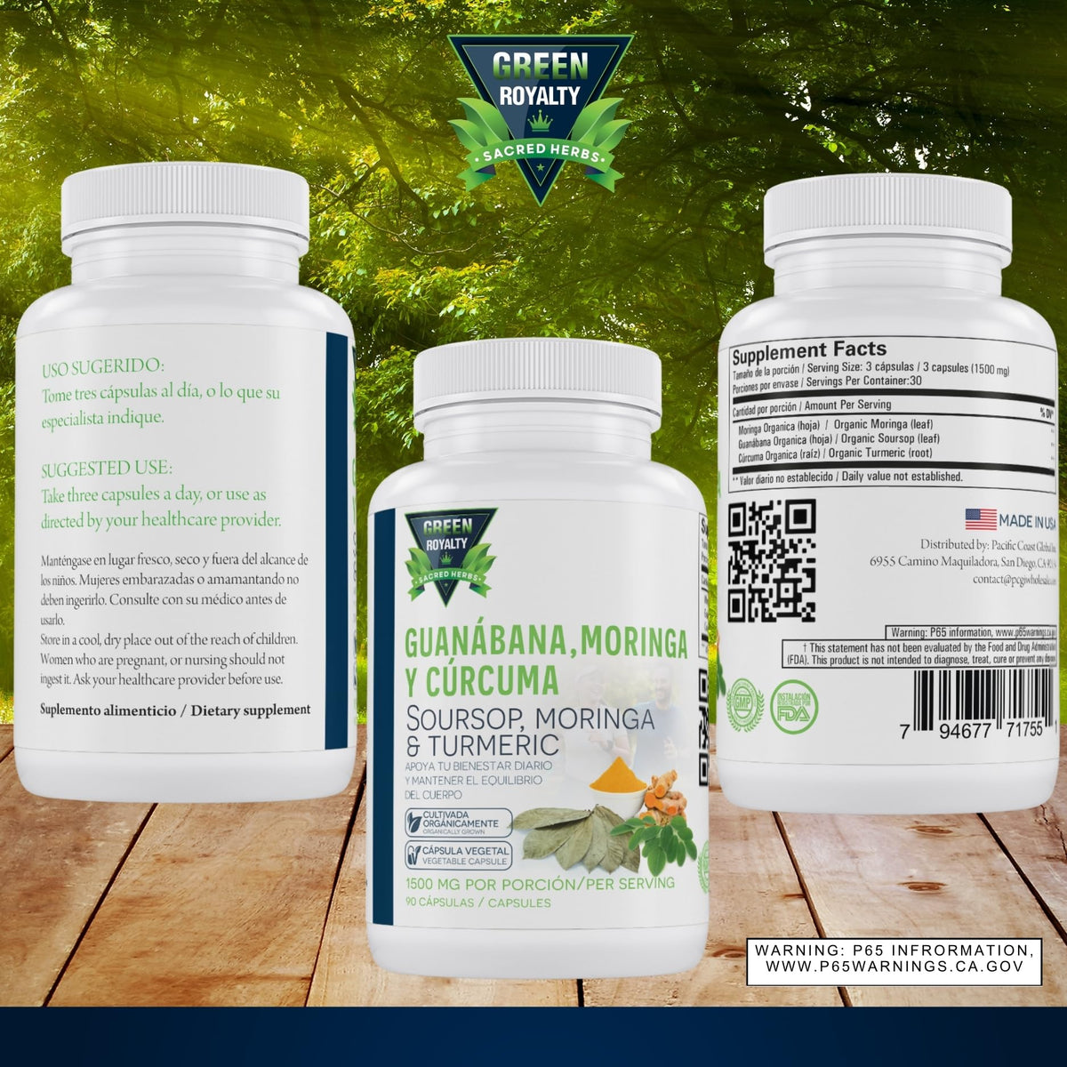 Vue de côté des capsules de Moringa, Soursop et Curcuma