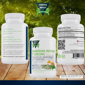 Vue de côté des capsules de Moringa, Soursop et Curcuma