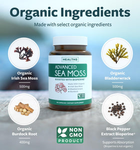 Vue de côté des capsules de mousse de mer bio Healths Harmony