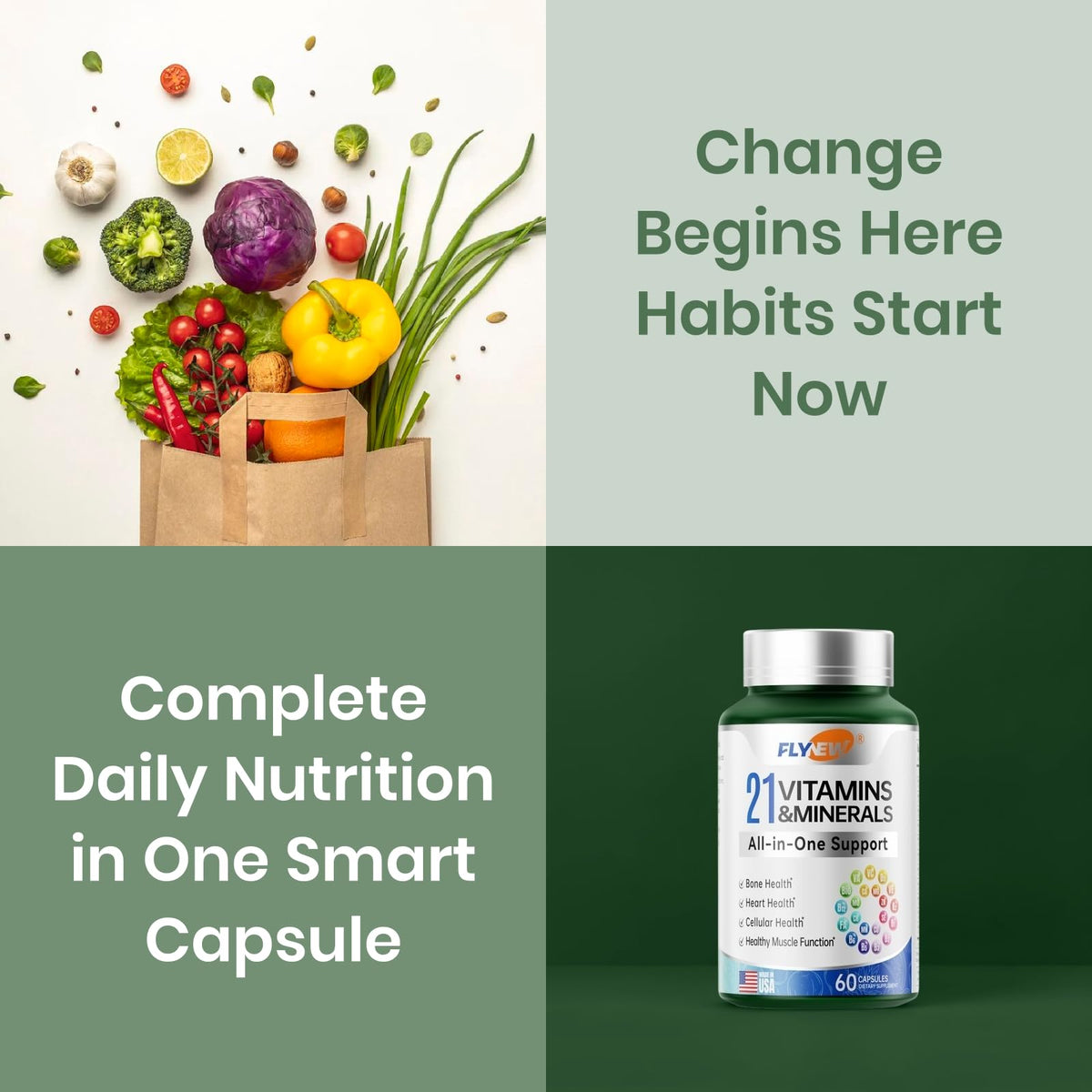 Vue de côté des capsules de multivitamines Flynew