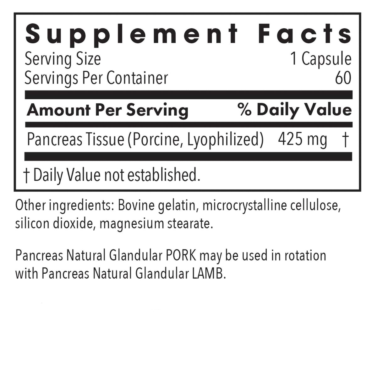 Vue de côté des capsules de Pancreas Glandulaire 425 mg