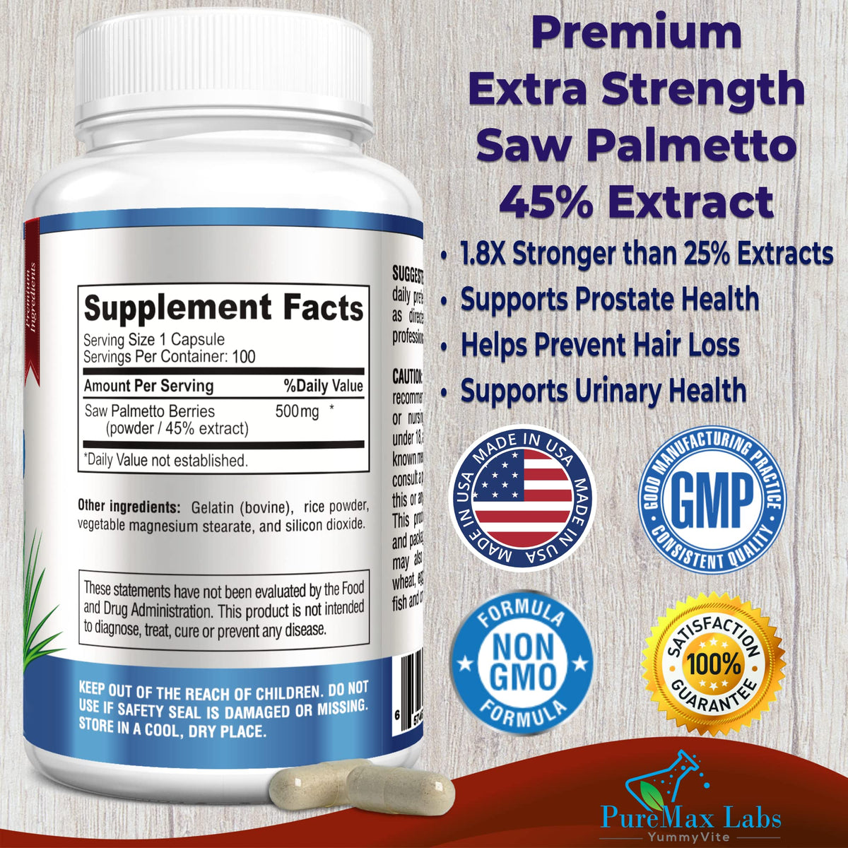 Vue de côté des capsules de Saw Palmetto YUMMYVITE