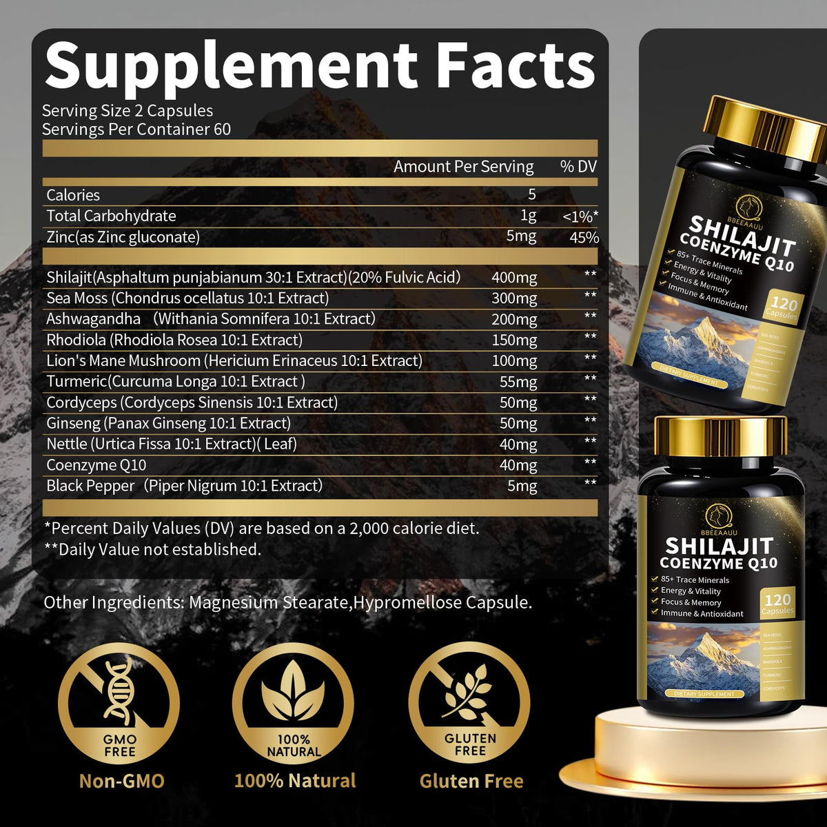 Vue de côté des capsules de Shilajit BBEEAAUU