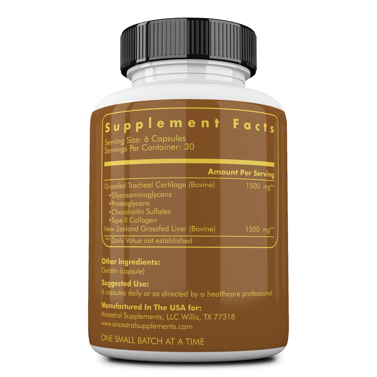 Vue de côté des capsules de trachée de boeuf Ancestral Supplements