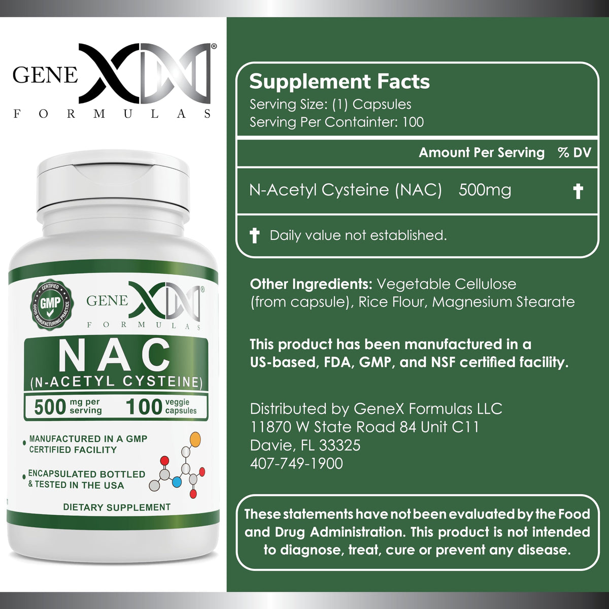 Vue de côté des capsules Genex Formulas NAC 500mg