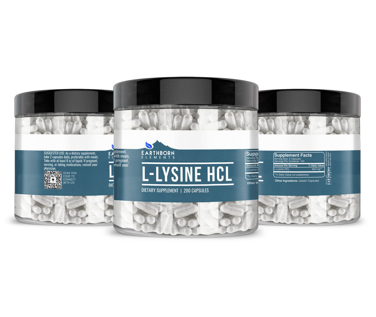 Vue de côté des capsules L-Lysine HCL Earthborn Elements