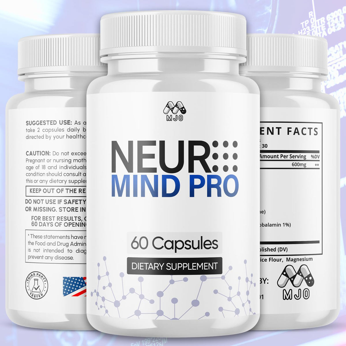 Vue de côté des capsules MJO Neuro Mind Pro dans leur flacon