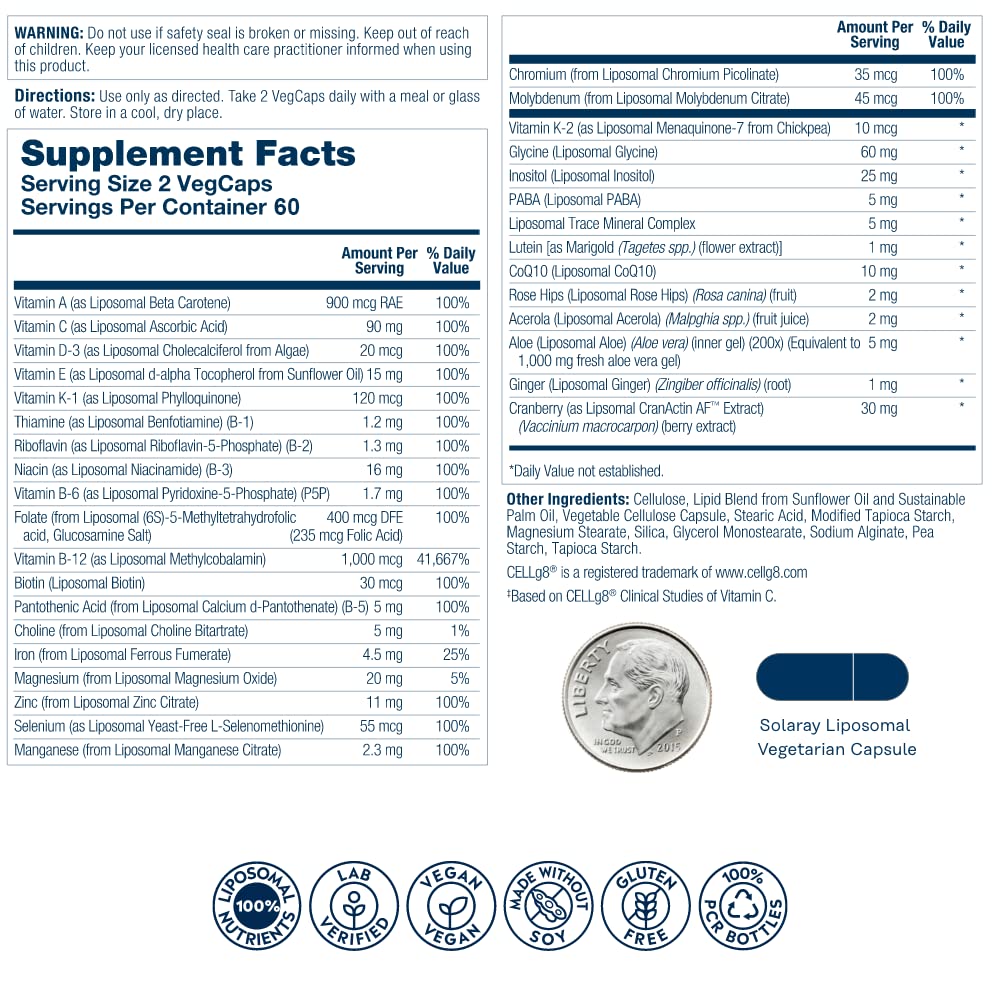 Vue de côté des capsules végétales SOLARAY Multivitamines Liposomales