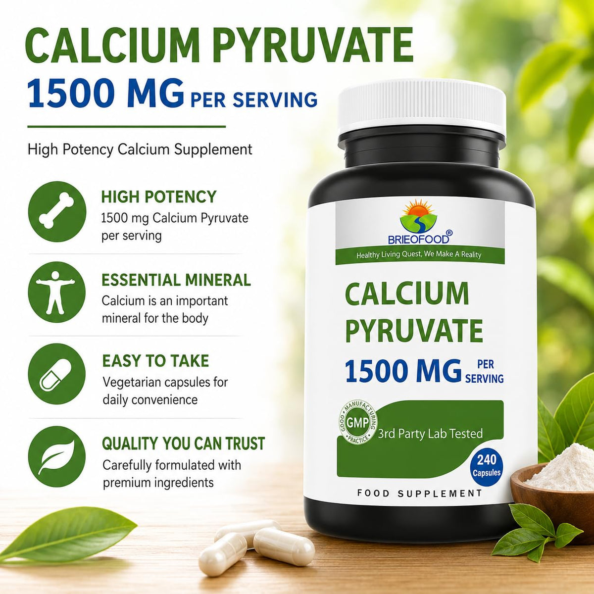 Vue de côté des capsules végétariennes de Calcium Pyruvate
