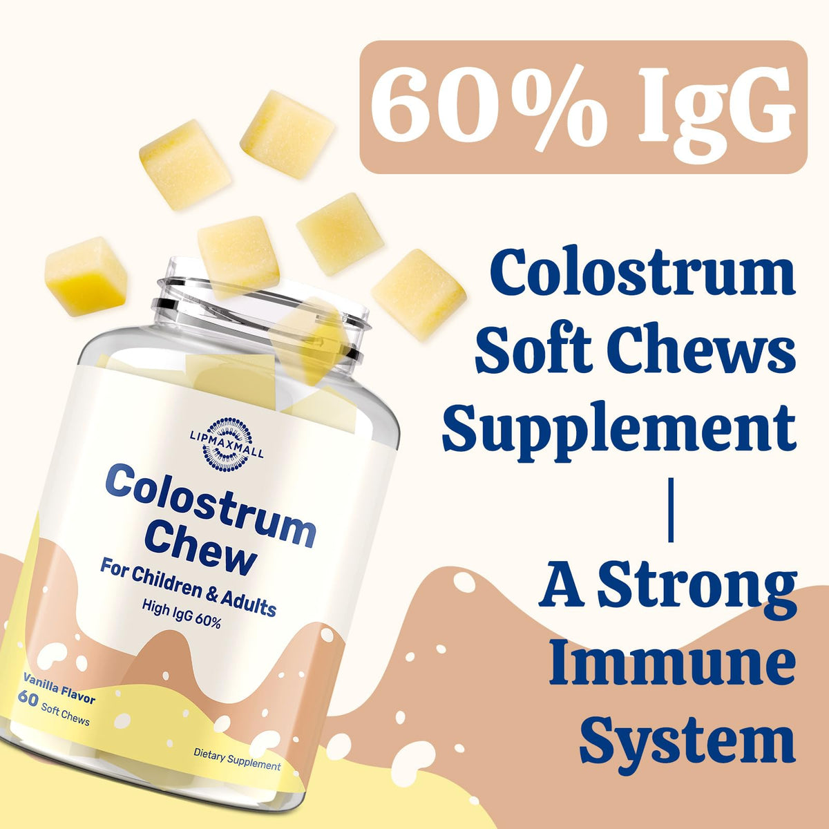 Vue de côté des chews de colostrum lipmaxmall